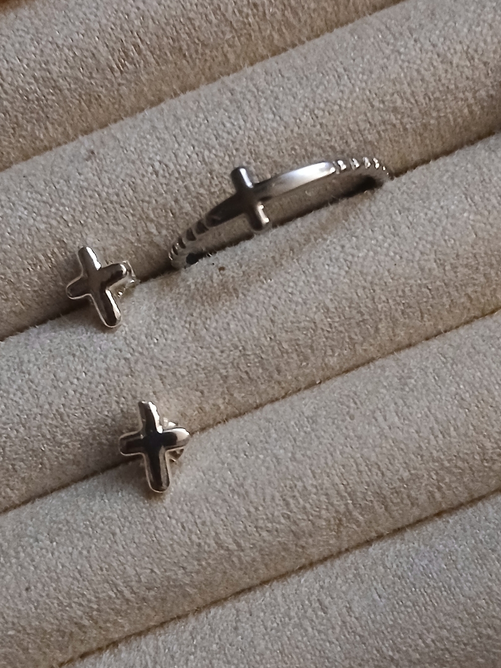 Sterling Cross Ring and Stud Earrings Set - Silver